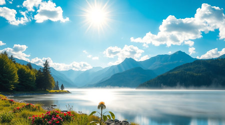 panoramic view of alpine lake in summer under blue skyの写真素材