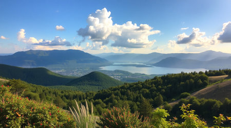 Beautiful summer landscape with mountains, lake and blue sky with cloudsの写真素材
