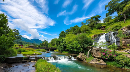 Beautiful waterfall in the green forest with blue sky and white cloudsの写真素材