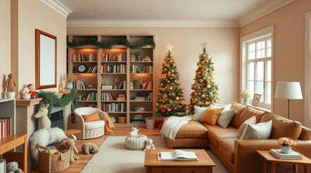 3d render interior of living room with christmas tree and presentsの写真素材