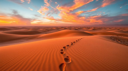 Footprints in sand dunes at sunset, Sahara desert, Moroccoの写真素材