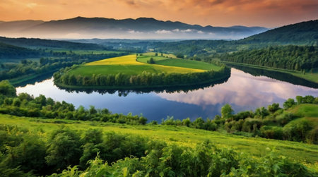 Beautiful summer landscape with lake and mountains. Ukraine, Europe.の写真素材