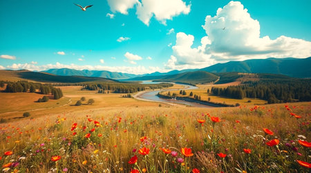 Beautiful summer landscape with meadow, lake and mountains in the backgroundの写真素材