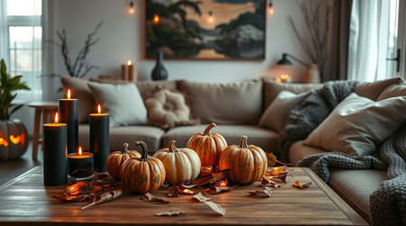 Beautiful autumn composition with pumpkins and candles on table in living roomの写真素材