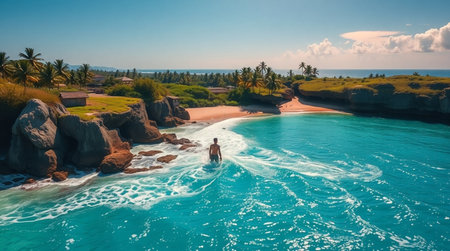 Aerial view of a beautiful tropical beach with palm trees, sand, turquoise water and a man in a swimsuitの写真素材