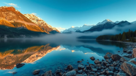 Mountain lake at sunrise. Panoramic view of Mount Cook National Park, New Zealandの写真素材