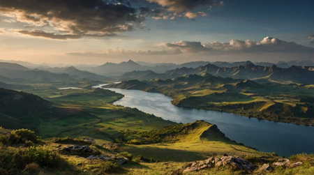 Beautiful sunset over Lake District, England, UK. The lake is surrounded by mountains.の写真素材