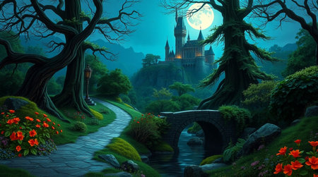 Fantasy landscape with castle in fantasy forest. 3D rendering.の写真素材