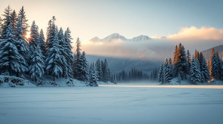 Foggy winter landscape with frozen lake and mountains in the backgroundの写真素材