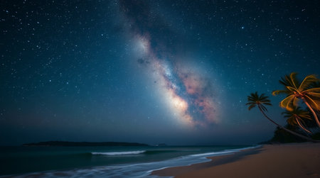 Milky Way over a tropical beach with palm trees at night.の写真素材