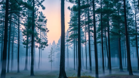 Pine trees in foggy forest at sunrise. Nature background.の写真素材