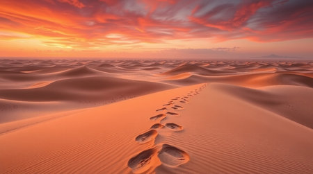 Footprints in the sand dunes at sunset. 3d renderの写真素材