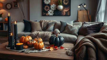 Cozy living room interior with pumpkins, candles and autumn leavesの写真素材