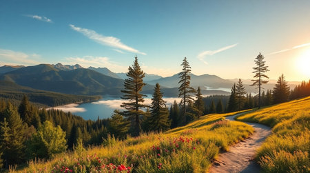 Beautiful mountain landscape with lake and forest at sunset. Panoramic viewの写真素材