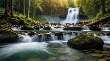 Waterfall in the forest. Beautiful landscape with a waterfall in the forest.の写真素材