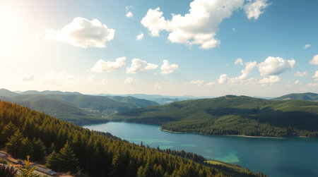 Panoramic view of mountain lake and forest at sunset. Beautiful summer landscape.の写真素材