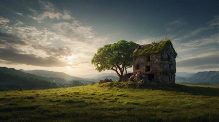 Old house in the meadow at sunset. 3d render.の写真素材
