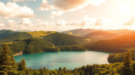 Beautiful mountain lake in the Carpathian mountains at sunset.の写真素材