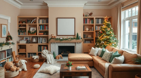 3d render of living room interior with christmas tree and fireplaceの写真素材