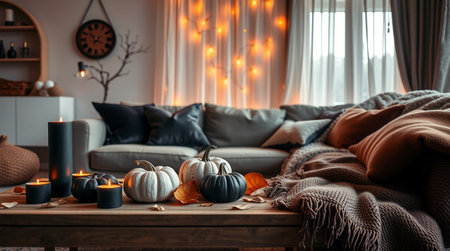 Cozy living room interior with burning candles, pumpkins and plaidの写真素材