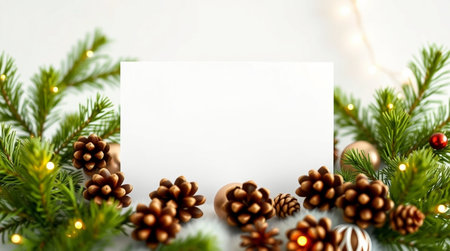 Christmas greeting card with pine branches, cones and lights on white backgroundの写真素材