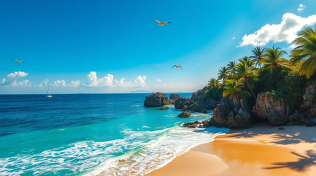 Tropical beach with palm trees and blue sky, Seychellesの写真素材