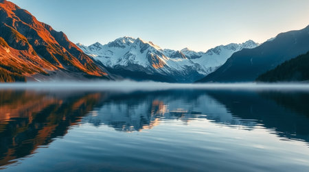 Mountain lake with reflection of mountains in water. Panoramic view.の写真素材