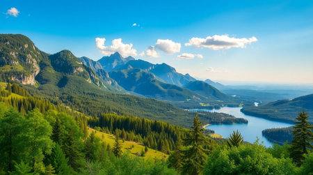 Panoramic view of the lake in the mountains. Summer landscape.の写真素材