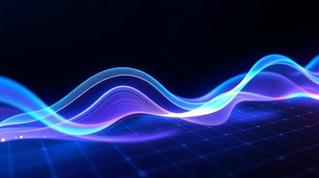 3d render of abstract technology background with blue glowing wave flow.の写真素材