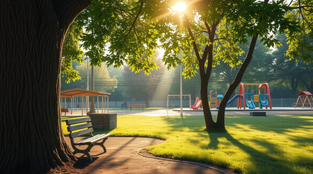 Sunset in the park with a bench. 3d renderingの写真素材