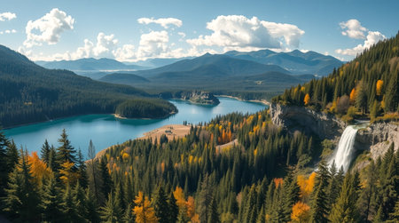 Panoramic view of autumn alpine lake and mountains in backgroundの写真素材