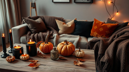 Cozy living room interior with burning candles, pumpkins and autumn leavesの写真素材