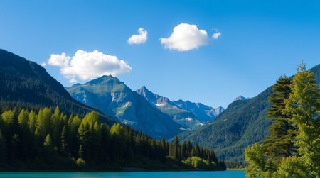 Mountain lake and blue sky with white clouds. Summer landscape.の写真素材
