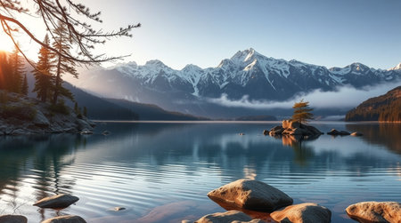 Mountain lake at sunrise. Landscape with mountains and blue skyの写真素材