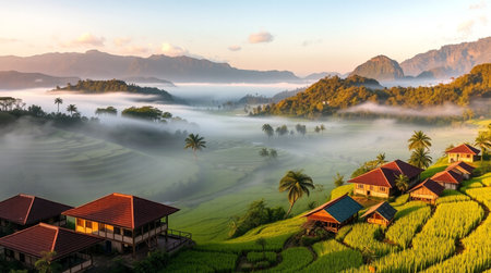 Panorama of rice terraces at sunriseの写真素材