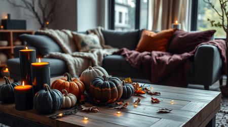 Halloween decoration with pumpkins and candles on wooden table in living roomの写真素材