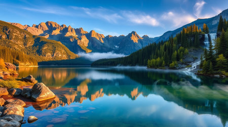 Beautiful mountain lake with reflection in the water at sunrise.の写真素材