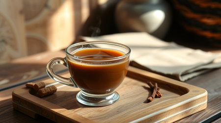Cup of coffee on wooden table in morning sunlight, closeupの写真素材