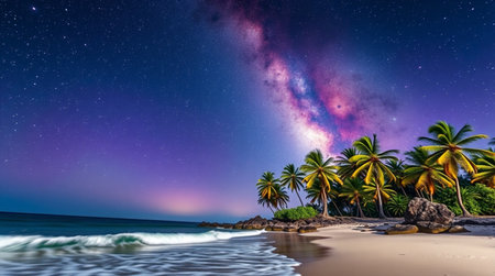 Panorama of a beautiful tropical beach with palm trees and milky wayの写真素材