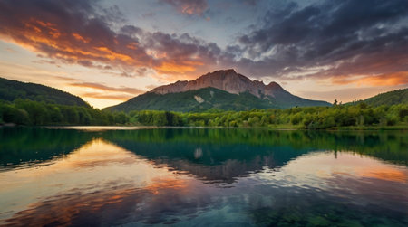 Sunset on the lake with mountains in the background. Panoramaの写真素材