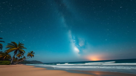 Beautiful starry night sky with milky way over the beachの写真素材