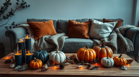 Autumn cozy living room with pumpkins, candles and autumn leavesの写真素材