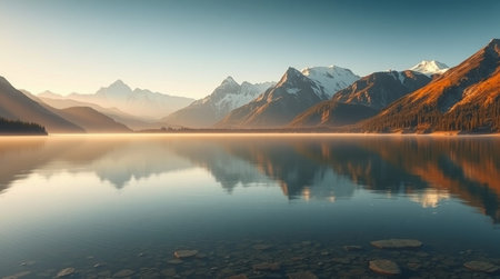 Panoramic view of lake and mountains with reflection in water.の写真素材