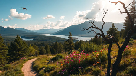 Mountain landscape with lake, forest and sky. Panoramic viewの写真素材