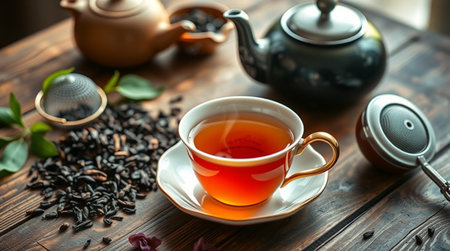 Cup of tea and teapot on wooden table, closeupの写真素材