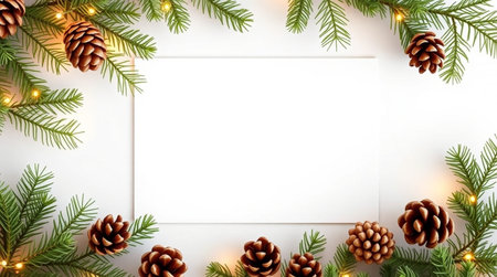 Christmas greeting card with fir branches, pine cones and garland lights on white background. Flat lay, top view, copy spaceの写真素材