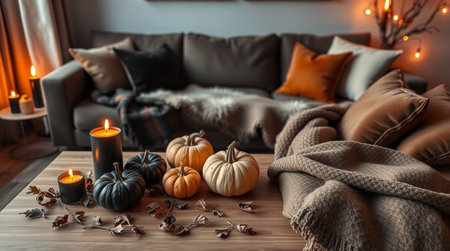 Cozy living room with burning candles and pumpkins on wooden tableの写真素材