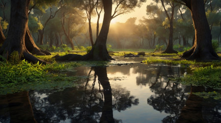 Reflection of trees in the river at sunset, Sri Lanka.の写真素材