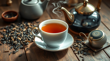 Tea hot drink on old background in composition on the theme of healthの写真素材