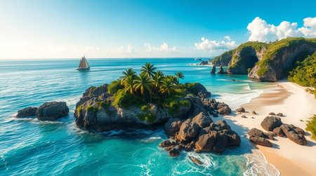 Aerial view of beautiful beach with white sand, turquoise water and palm trees. Seascape of tropical island.の写真素材